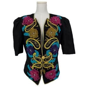 Vintage 1990s Floral Embellished Beaded Jacket Maximalist Women 12 Asymmetrical